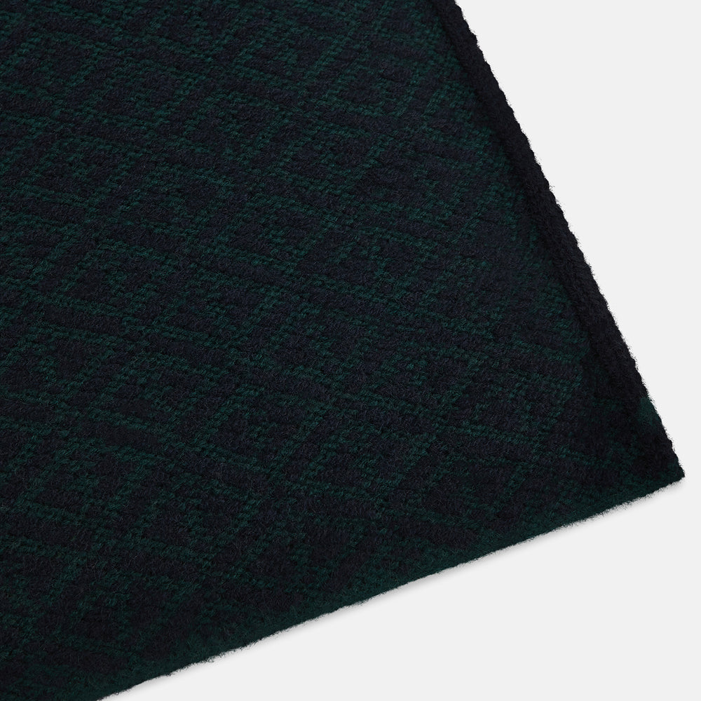 The Turnbull & Asser Navy Blue and Forest Green Diamond-Patterned Cashmere Knitted Scarf features a subtle textured design, shown loosely draped with ends hanging down—an essential, stylish addition to any cool-weather wardrobe.