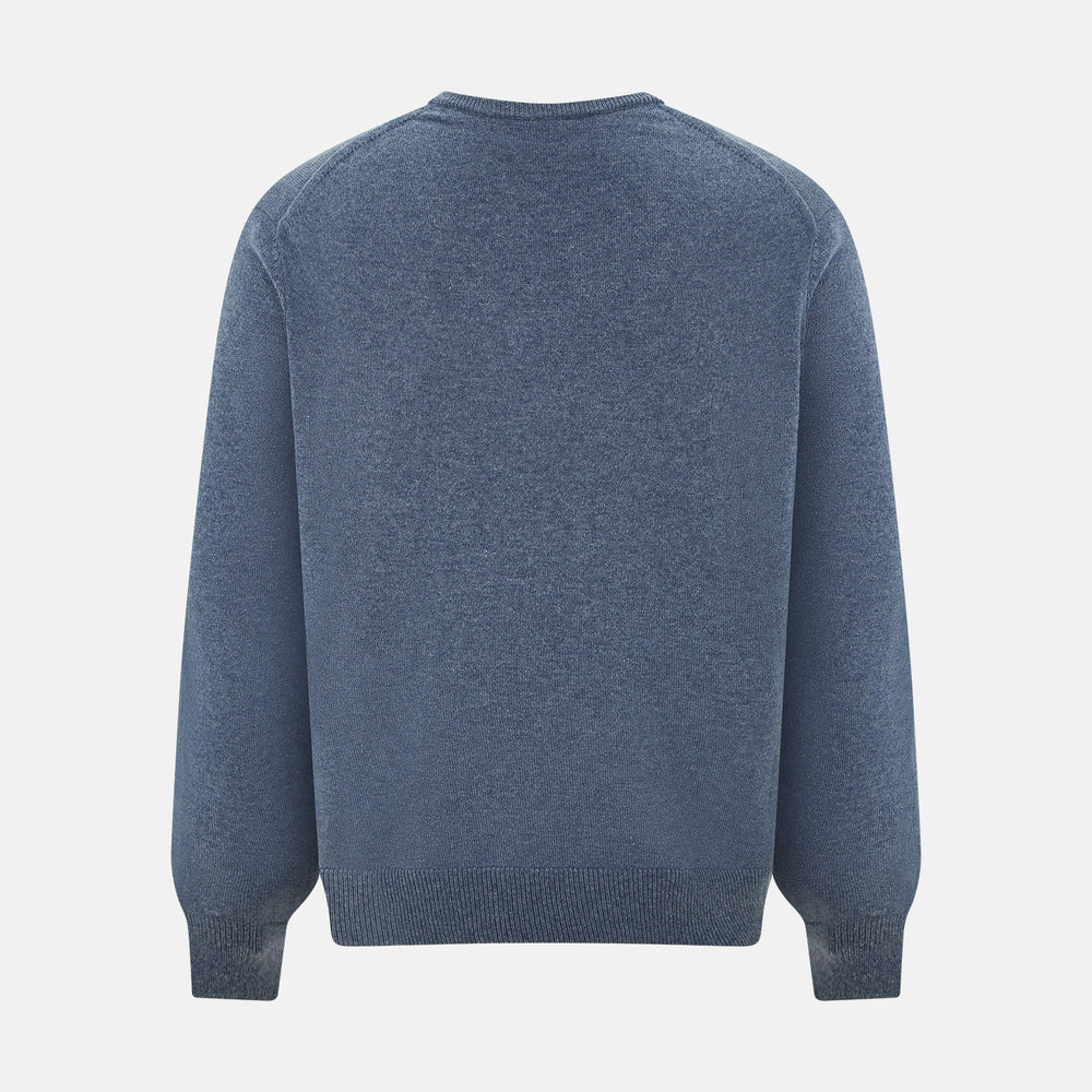 The Blue Melange Cashmere V-neck Jumper by Turnbull & Asser, featuring ribbed cuffs and hem, is part of our knitwear collection and shown against a white background.