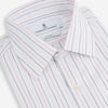 View 2 of product The Turnbull & Asser Pink and Blue Wide Pinstripe Mayfair Shirt features long sleeves, T&A collar, button-down front, and buttoned cuffs. It has bold pink and blue pinstripes on white and is laid flat on a white surface.