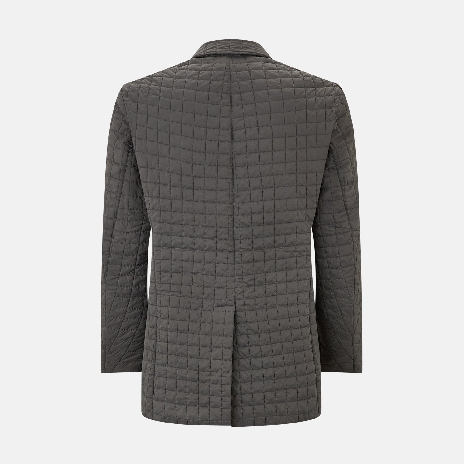 Image 3 of product The Fulham Shadow Grey Single-Breasted Quilted Blazer by Turnbull & Asser features a checkered pattern, notched lapel, three front buttons, chest pocket, and two flap pockets—ideal for formal wear on a plain white background.