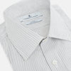 View 2 of product The Turnbull & Asser Midnight Blue and Grey Fine Stripe Mayfair Shirt features long sleeves, pure cotton fabric, a pointed collar, button-down front, and buttoned cuffs—ideal for formal wear.