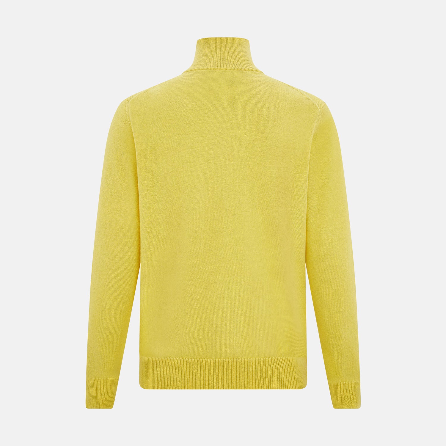 View 3 of product The Turnbull & Asser Canary Yellow Half-Zip Cashmere Jumper features a high collar and front half-zip closure, shown against a white background.