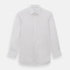 View 1 of product The Turnbull & Asser Burgundy Multi Hairline Stripe Mayfair Shirt features long sleeves, a classic collar, buttoned cuffs, and slim vertical stripes—ideal for formal wear and shown against a plain white background.