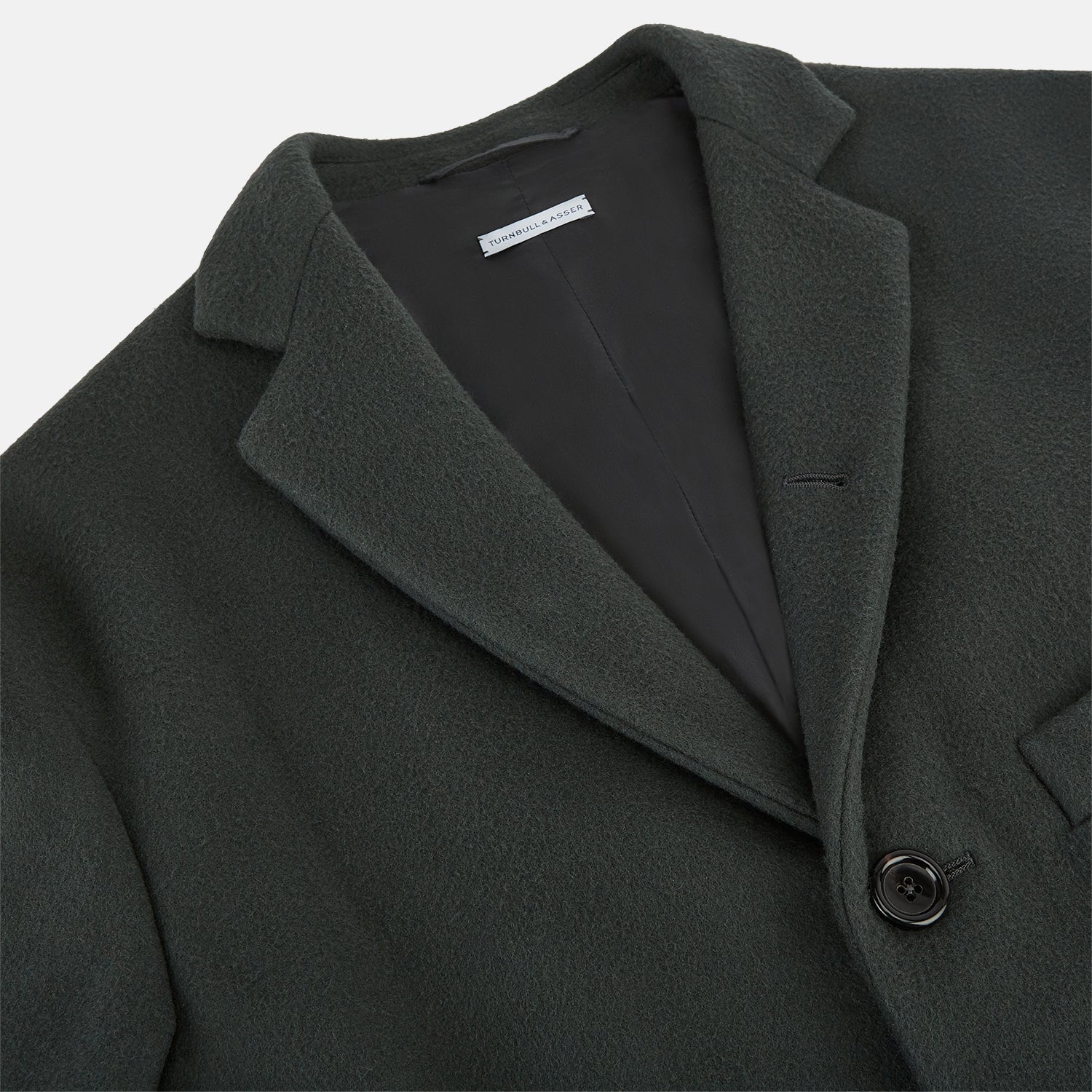 Image 2 of product The Turnbull & Asser Moss Green Apsley Single-Breasted Caban Coat, featuring three buttons, a notched lapel, and three front pockets, is showcased on a plain white background.