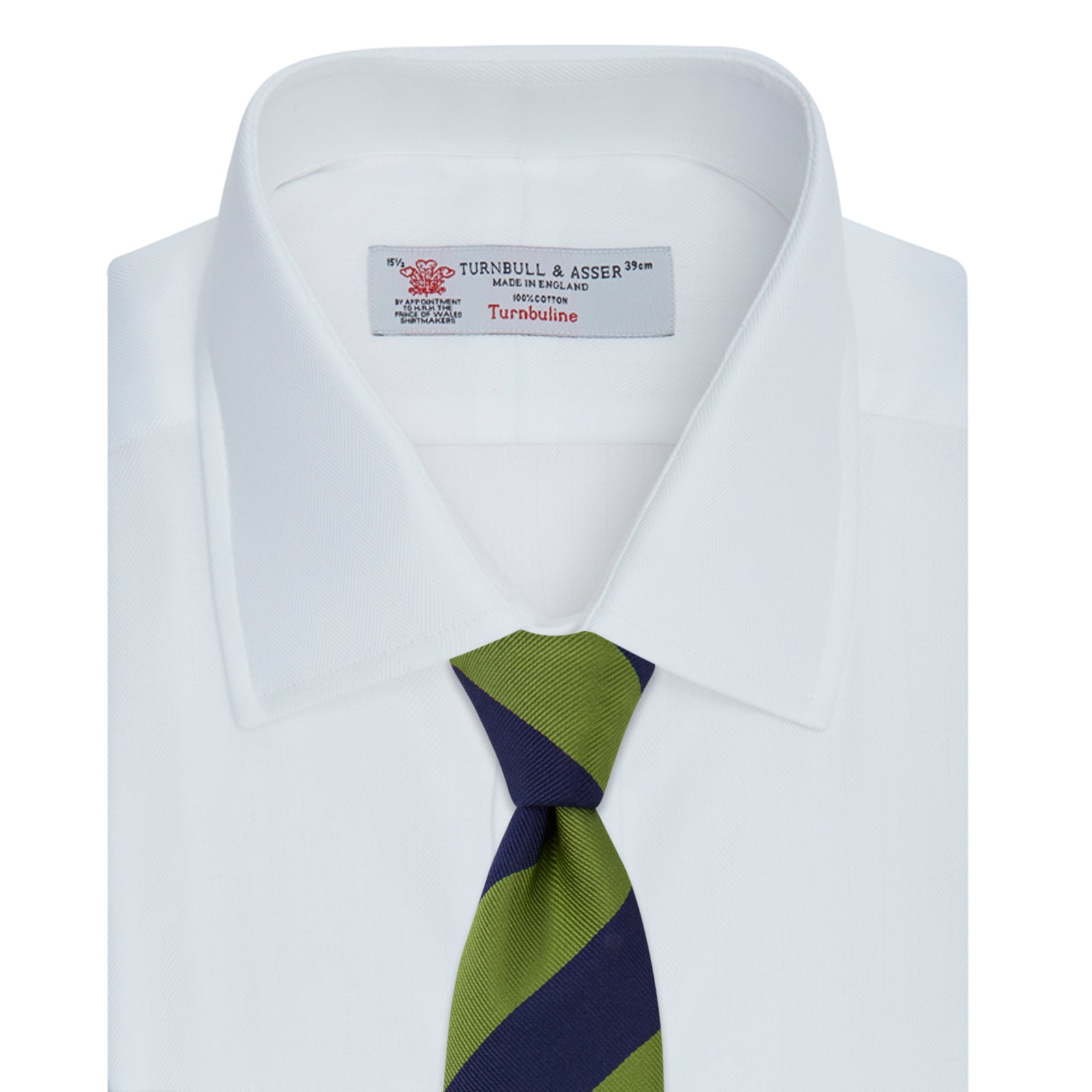 View 4 of product The Turnbull & Asser White Herringbone Superfine Cotton Shirt features a T&A collar, double cuffs, and a visible label inside the collar, shown neatly folded on a light blue background—ideal for minimalist looks or pairing with bold ties.