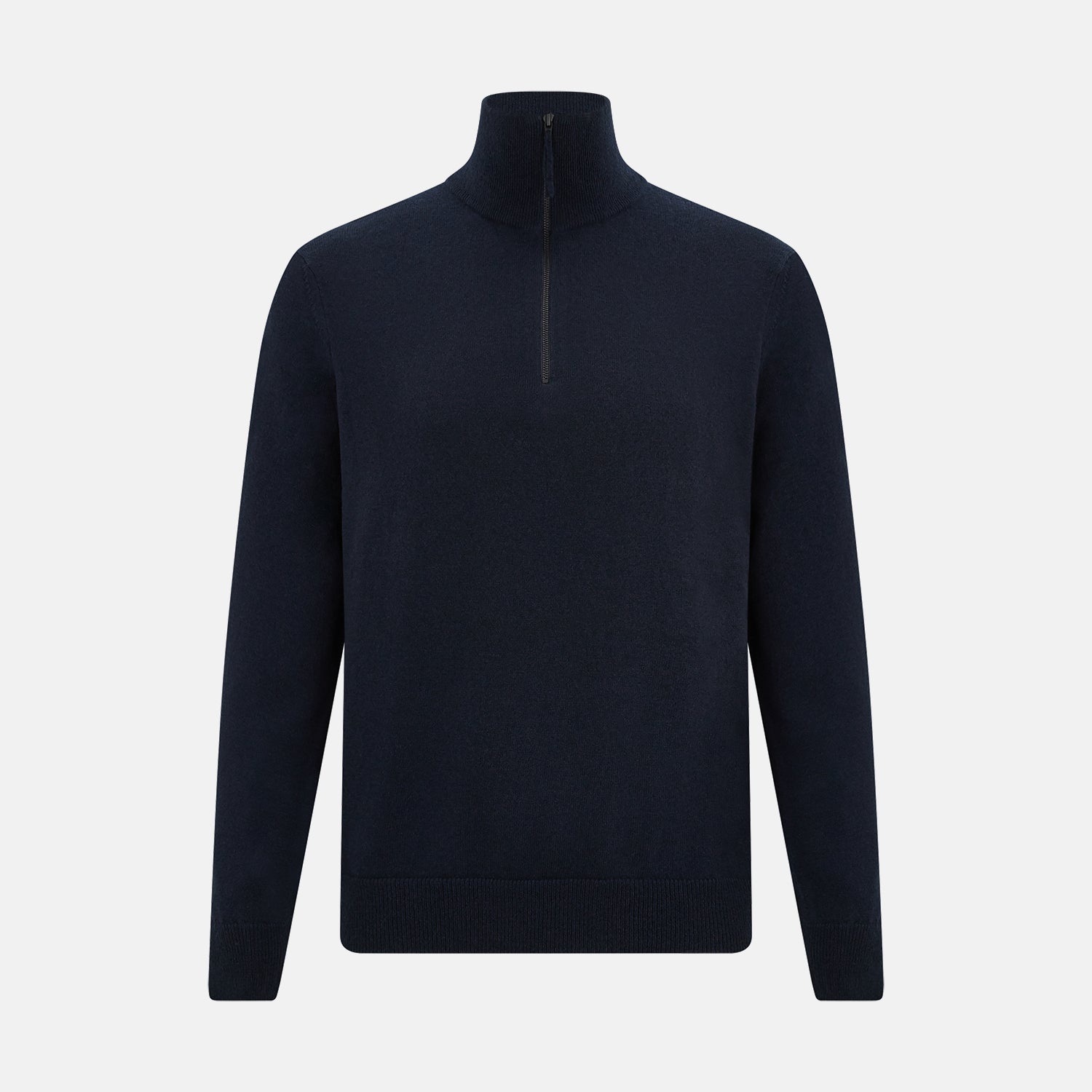 View 1 of product The Midnight Blue Half-Zip Cashmere Jumper by Turnbull & Asser features a stand collar, long sleeves, and quarter-zip closure, crafted from premium cashmere and shown against a plain white background.
