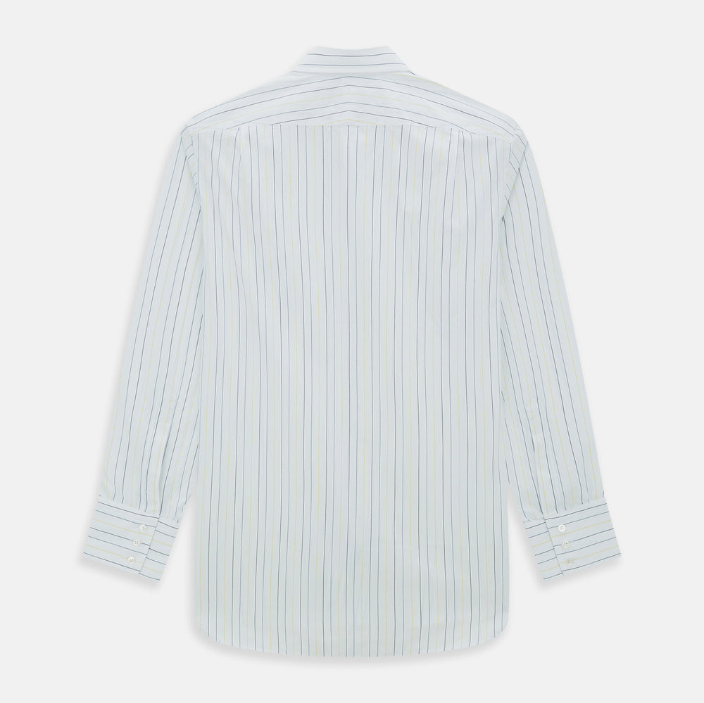 The Navy and Yellow Wide Pinstripe Mayfair Shirt by Turnbull & Asser is a long-sleeve, button-up shirt with wide navy and yellow pinstripes, a collar, and buttoned cuffs, laid flat on a white surface.