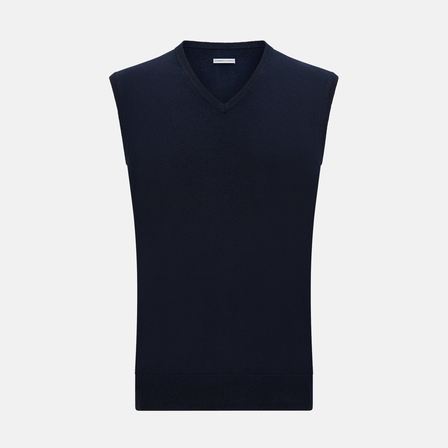 View 1 of product The Turnbull & Asser Navy Cashmere V-neck Vest is displayed against a plain white background.