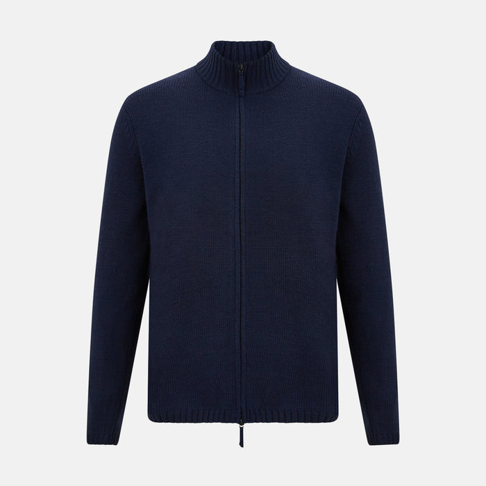 Navy High Neck Merino Zipped Cardigan