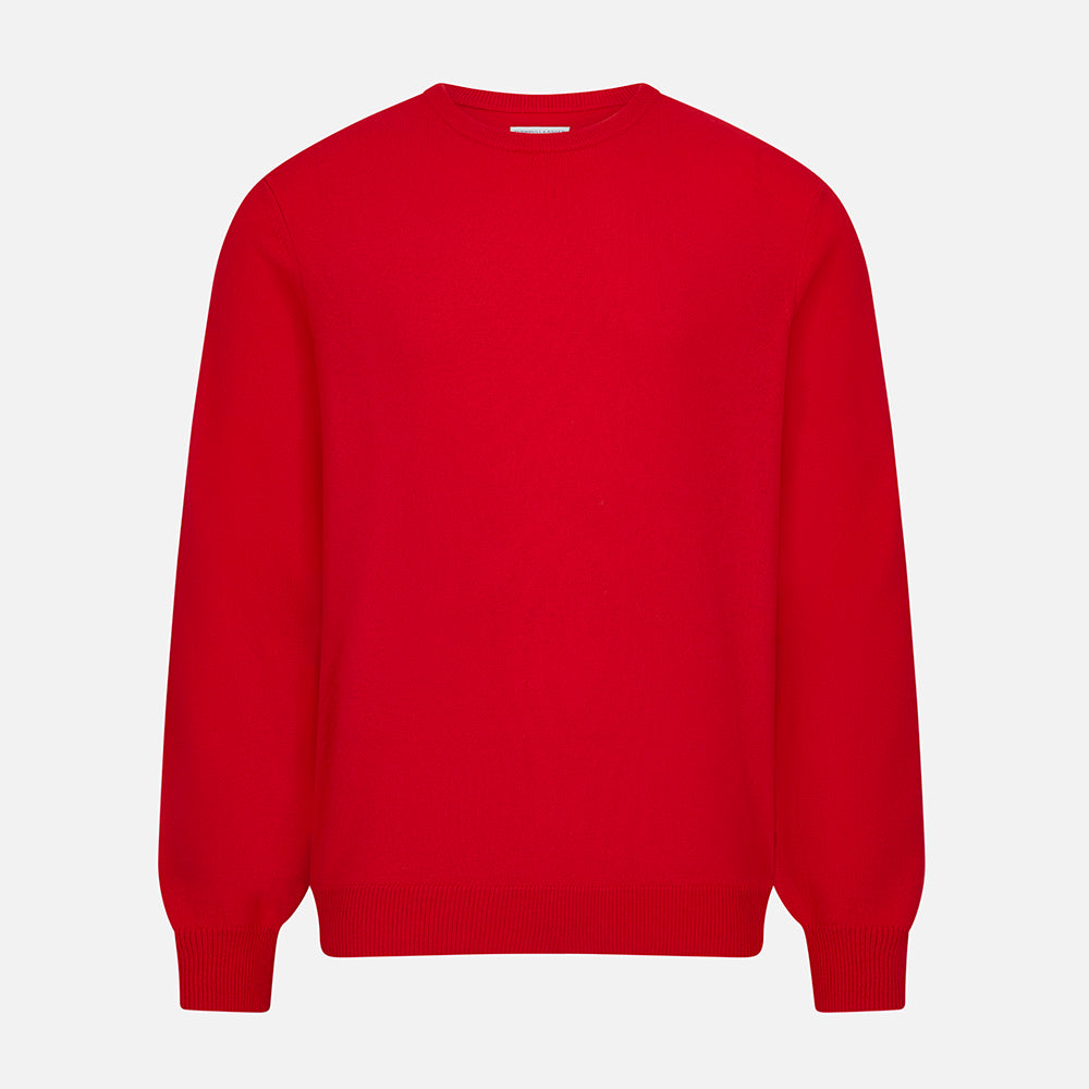 The Turnbull & Asser Red Cashmere Round Neck Jumper is shown against a light gray background. This classic men's piece features ribbed cuffs, hem, and neckline—an essential addition to your knitwear collection.