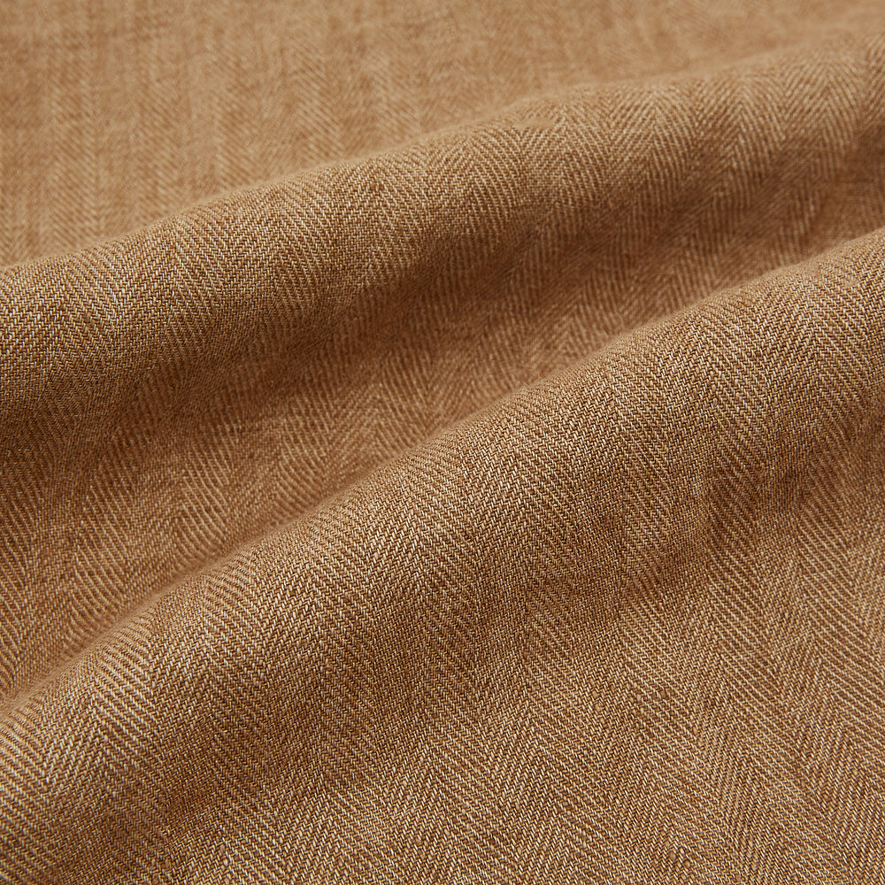 The Turnbull & Asser Camel Striped Linen Edmund trousers feature a straight-leg fit, button and zipper closure, belt loops, and pockets, crafted from lightweight summer fabric and shown against a white background.