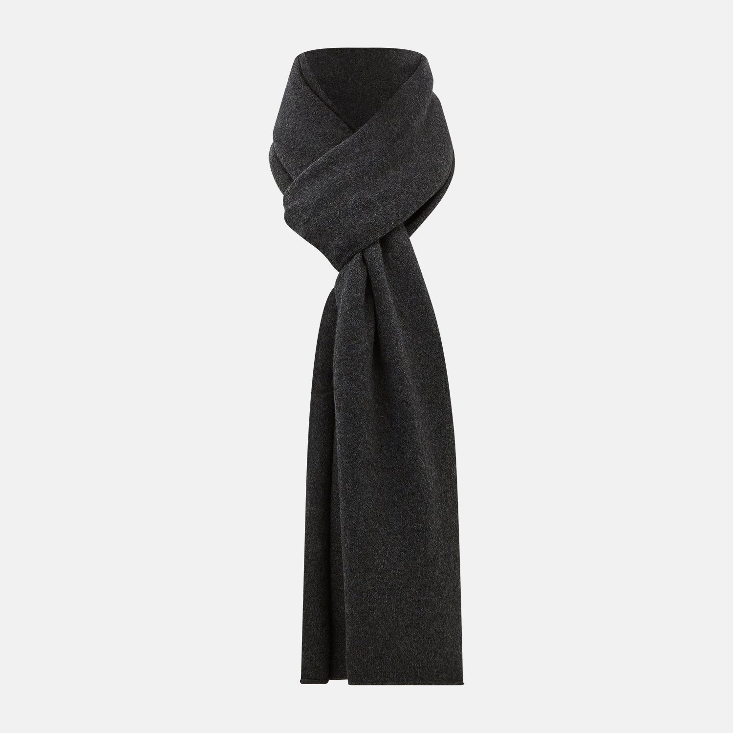 Image 1 of product The Turnbull & Asser Plain Charcoal Cashmere Knitted Scarf, shown tied simply against a white background, is a classic luxury accessory perfect for any wardrobe.