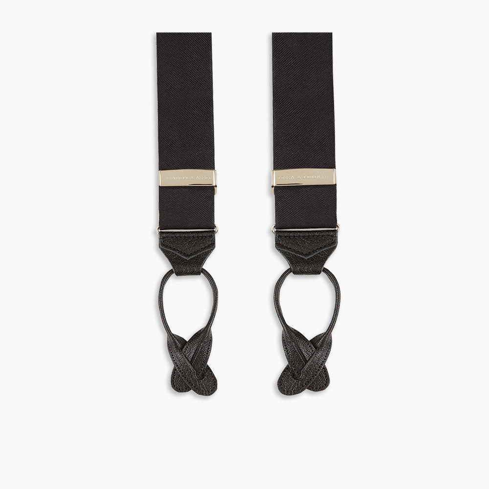 Image 3 of product Turnbull & Asser Black Herringbone Adjustable Silk Braces feature leather button loops and silver adjusters—ideal for refined sartorial style. Displayed on a white background.