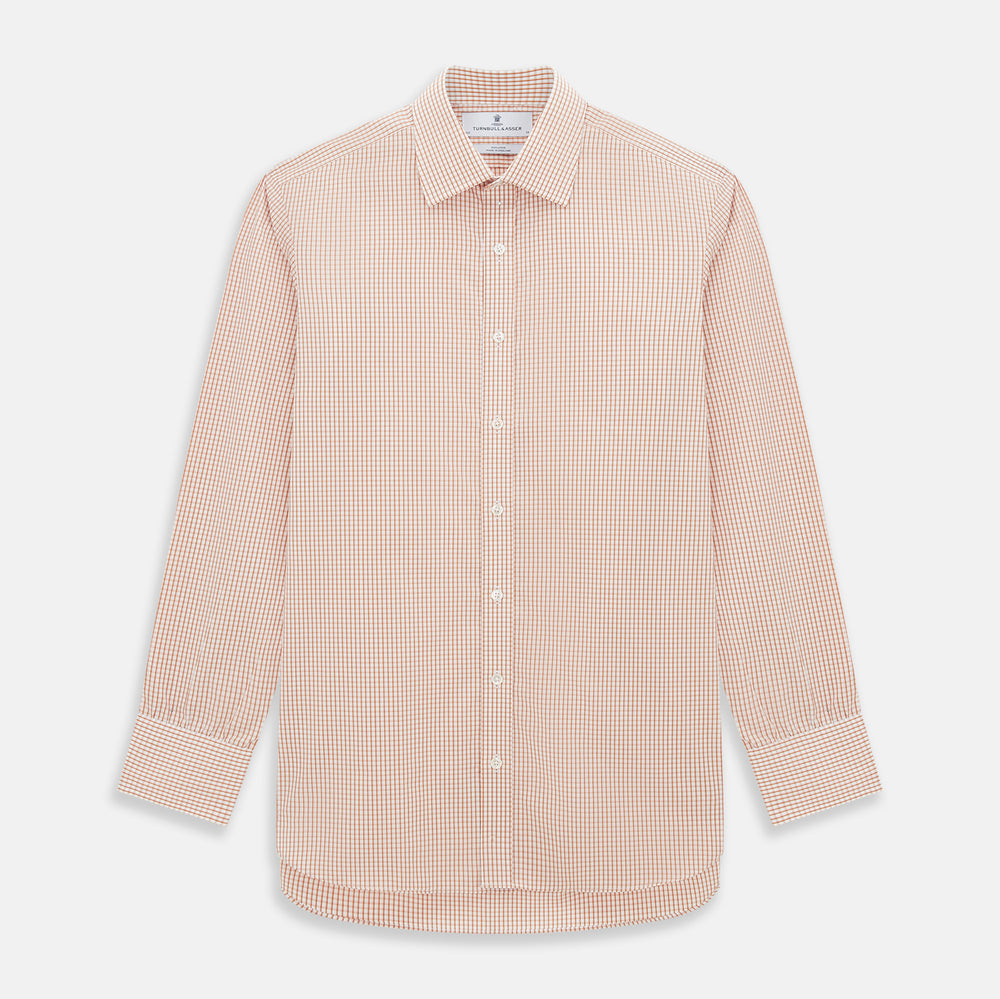 The Orange Micro Shadow Check Mayfair Shirt by Turnbull & Asser features a T&A collar, button-down front, and buttoned cuffs; crafted from Italian cotton in an orange and white check pattern, laid flat on a white background.