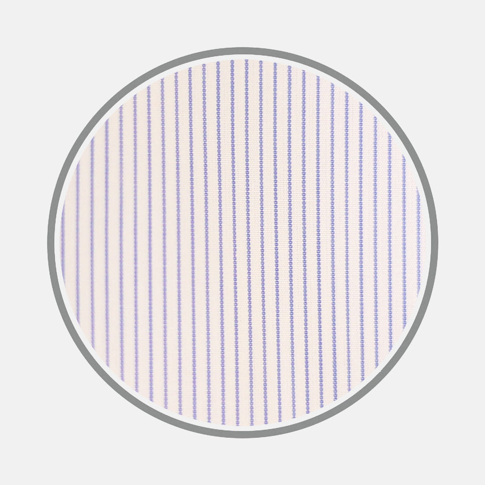 Close-up of Turnbull & Asser's Blue and White Fine Stripe Cotton Fabric, featuring thin blue vertical stripes on white, displayed within a circular frame against a plain light gray background.