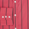 View 4 of product The Coral Red Track Stripe Mayfair Shirt by Turnbull & Asser features long sleeves, button-up front, a classic T&A collar, and buttoned cuffs in vibrant Italian cotton with vertical black pinstripes, shown on a plain white background.