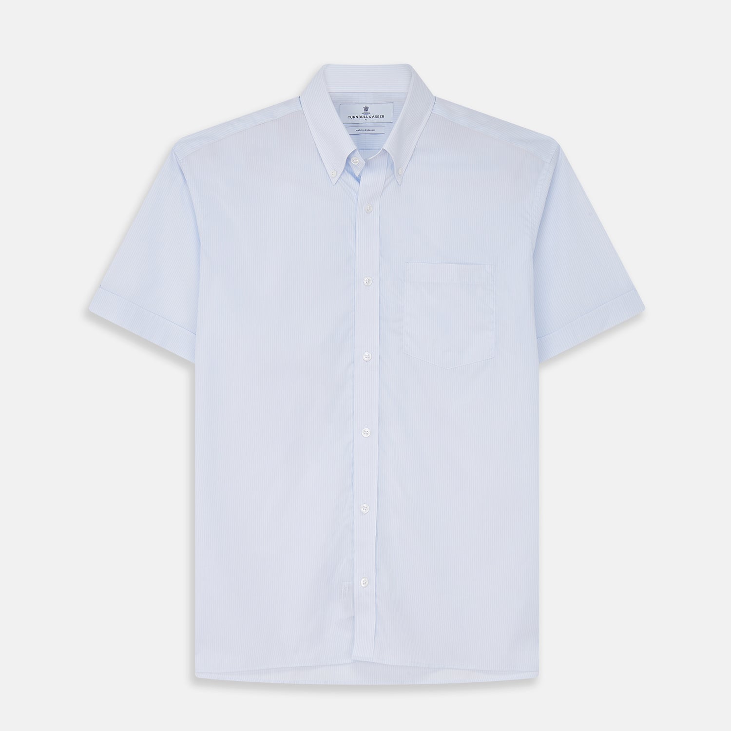 View 2 of product A circular swatch of Turnbull & Asser's Pale Blue Stripe Cotton Fabric, featuring subtle white vertical pinstripes on light blue, is shown against a white background with a gray-bordered circle.