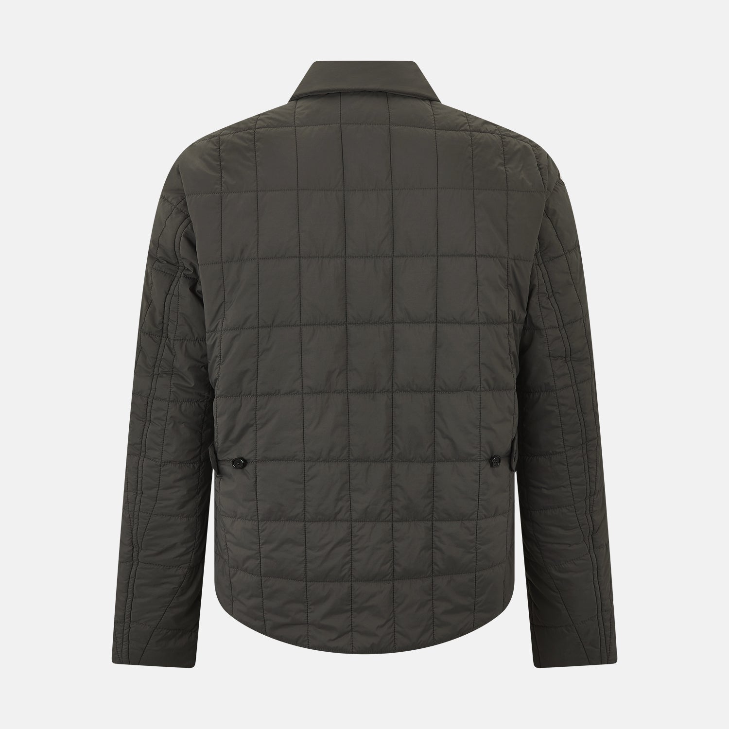 View 3 of product The Battersea Shadow Grey Quilted Jacket by Turnbull & Asser features a front zipper, buttoned cuffs, pointed collar, and multiple pockets—an ideal choice for the modern gentleman. Shown on a plain white background.