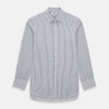 View 1 of product The Turnbull & Asser Grey Multi Stripe Mayfair Shirt features long sleeves, a classic collar, and thin vertical stripes in black and white, shown laid flat on a white background.