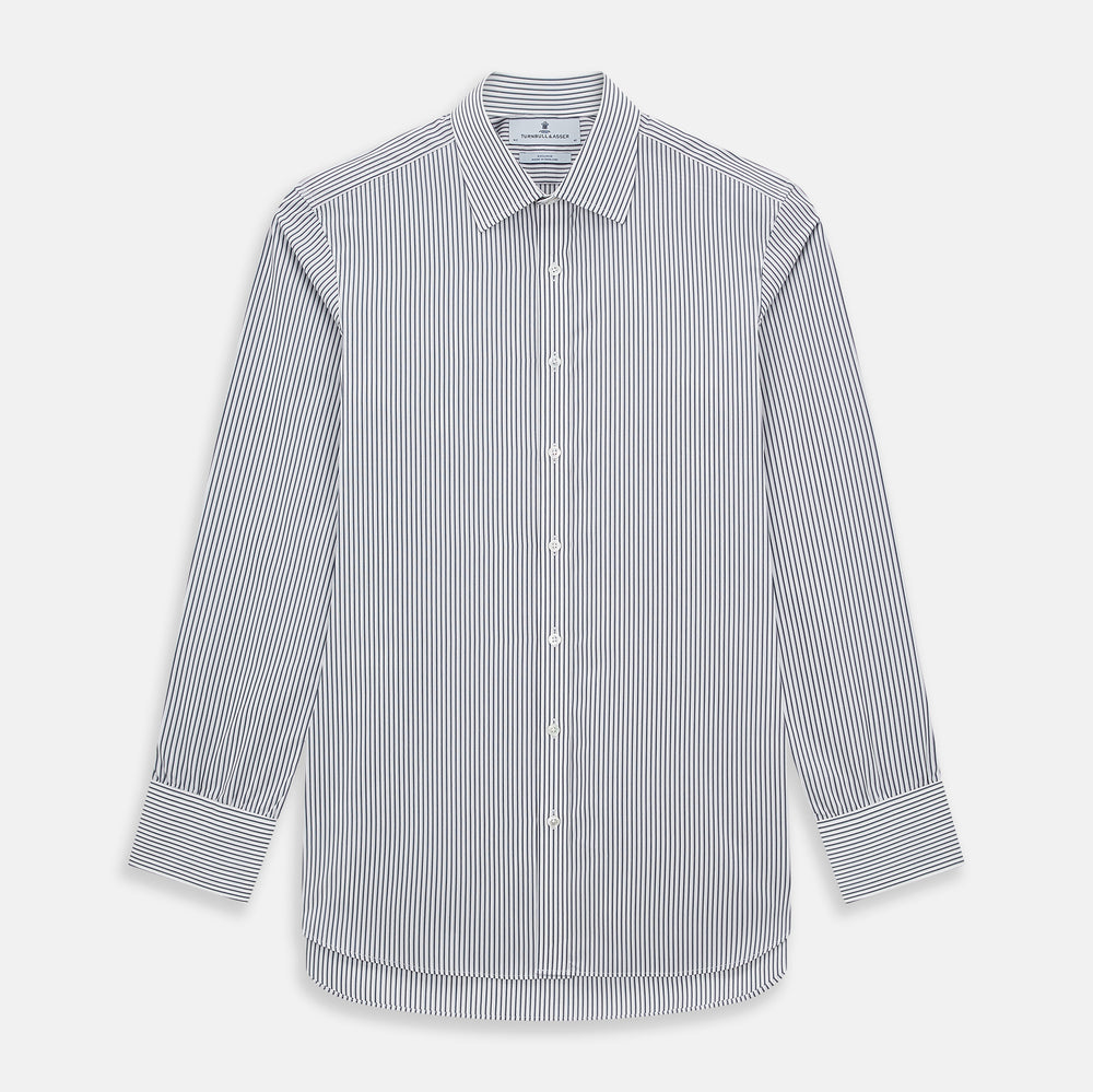 The Turnbull & Asser Grey Multi Stripe Mayfair Shirt features long sleeves, a classic collar, and thin vertical stripes in black and white, shown laid flat on a white background.