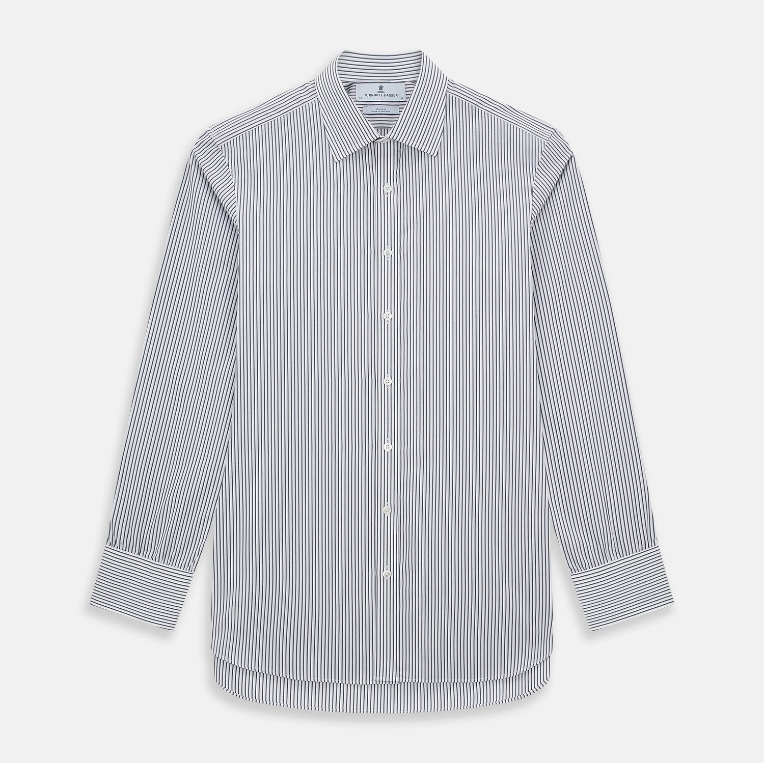 View 1 of product The Turnbull & Asser Grey Multi Stripe Mayfair Shirt features long sleeves, a classic collar, and thin vertical stripes in black and white, shown laid flat on a white background.