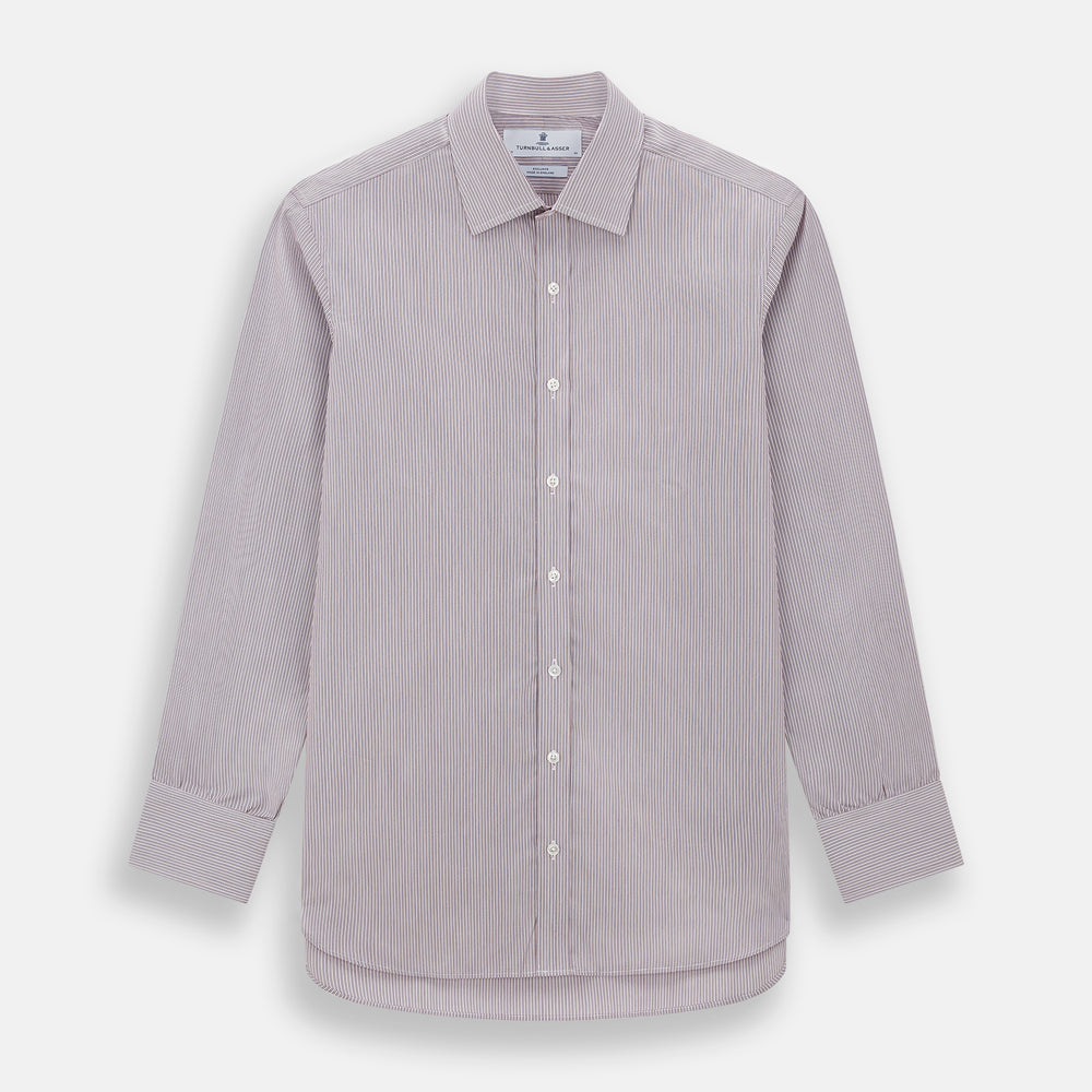 A Red and Pink Ticking Stripe Mayfair Shirt by Turnbull & Asser, featuring a classic T&A collar, buttoned cuffs, and subtle vertical pinstripes, shown on a white background.