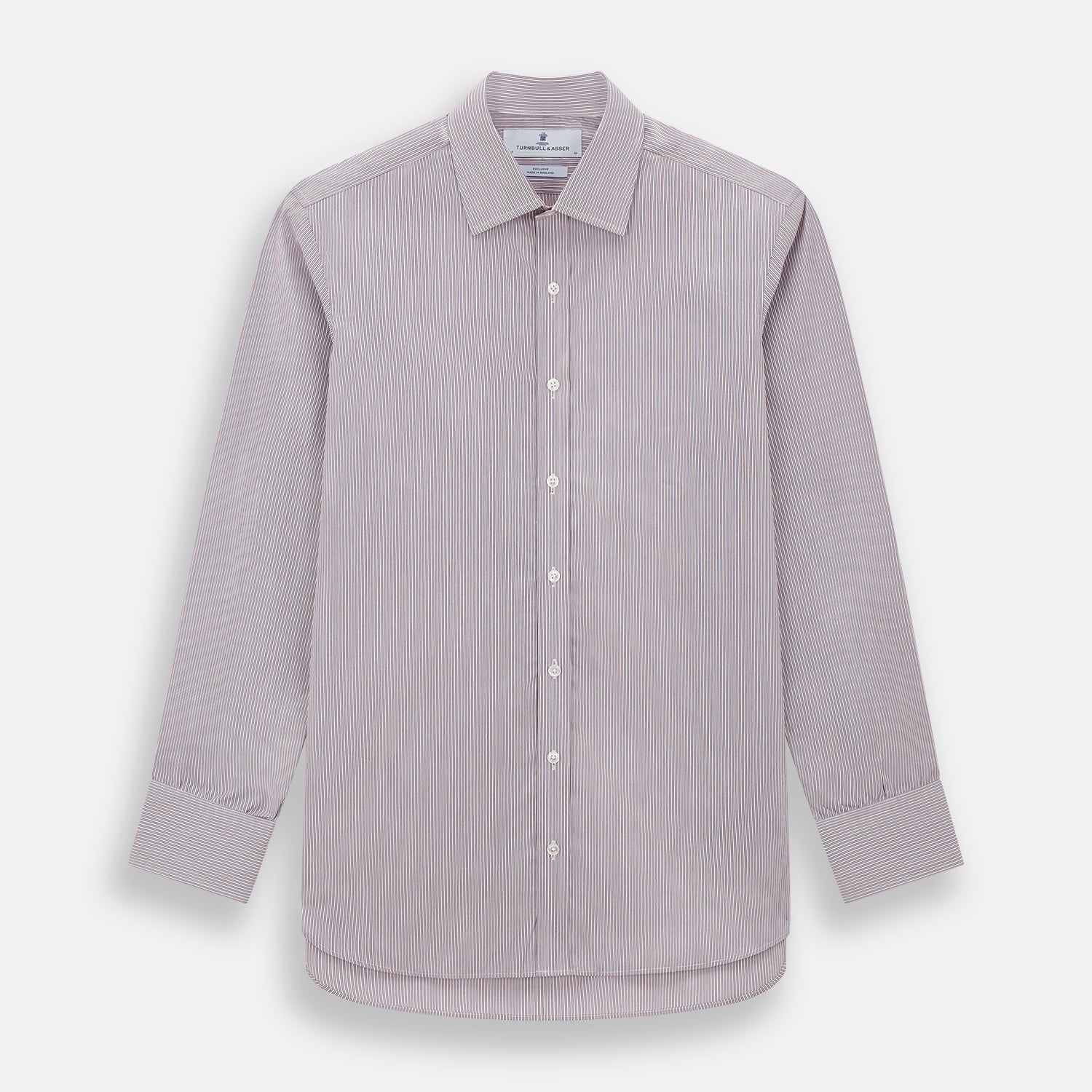 View 1 of product A Red and Pink Ticking Stripe Mayfair Shirt by Turnbull & Asser, featuring a classic T&A collar, buttoned cuffs, and subtle vertical pinstripes, shown on a white background.