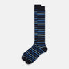 View 2 of product Turnbull & Asser Navy Striped Merino Wool Long Socks, knee-high and over the calf, feature horizontal blue and black stripes and are shown on a plain white background.