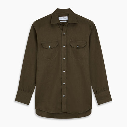 Khaki Green Linen Weekend Fit Langston Shirt Image 5