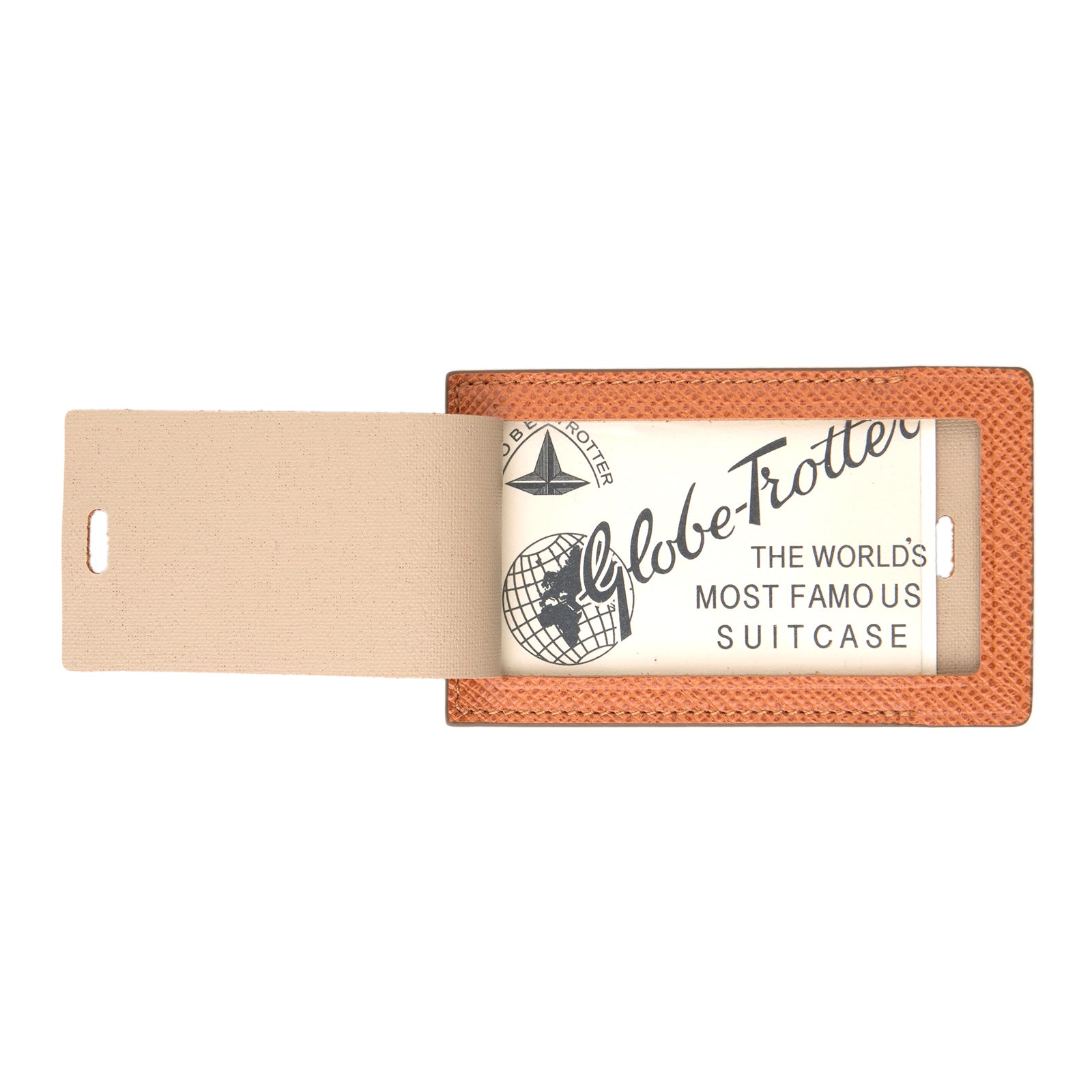 View 2 of product The Brown Leather Luggage Tag by Turnbull & Asser features textured brown leather, a silver buckle strap, and the Turnbull & Asser name embossed in silver at the bottom.