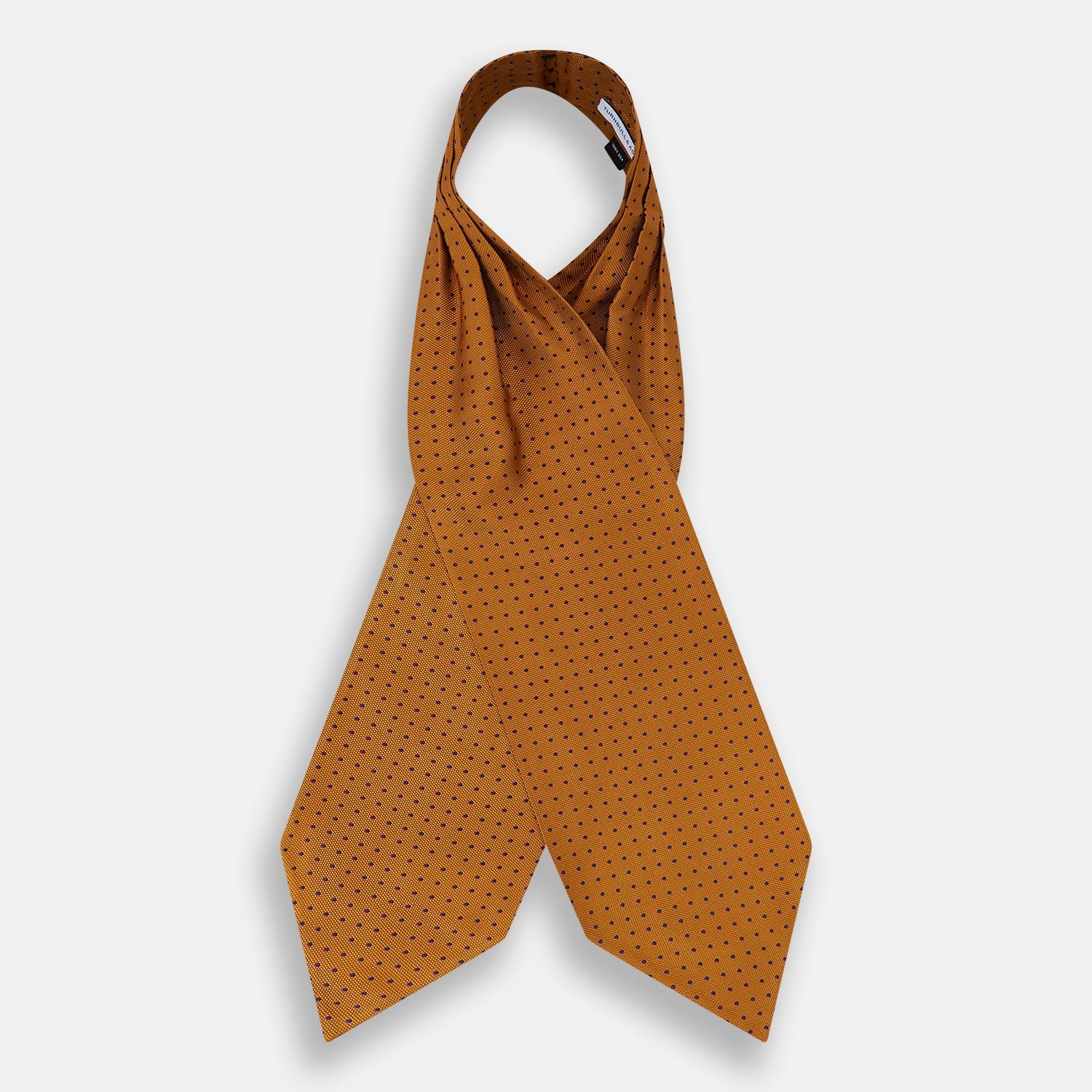 View 2 of product The Navy and Orange Micro Dot Silk Cravat by Turnbull & Asser features a refined pattern of micro dots, bringing color and sophistication to formalwear, displayed against a white background.