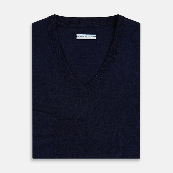 Navy Fine Merino V-Neck Jumper Image 3