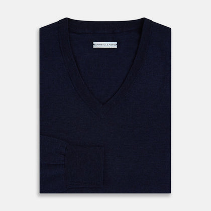 Navy Fine Merino V-Neck Jumper Image 8