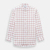 View 1 of product The Turnbull & Asser Dark Red Grid Check Mayfair Shirt is a long-sleeve white shirt made from Italian cotton, featuring a bold dark red grid pattern, button-down front, and classic collar, shown laid flat on a white background.