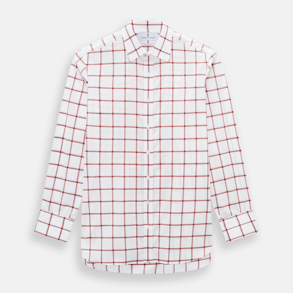 The Turnbull & Asser Dark Red Grid Check Mayfair Shirt is a long-sleeve white shirt made from Italian cotton, featuring a bold dark red grid pattern, button-down front, and classic collar, shown laid flat on a white background.