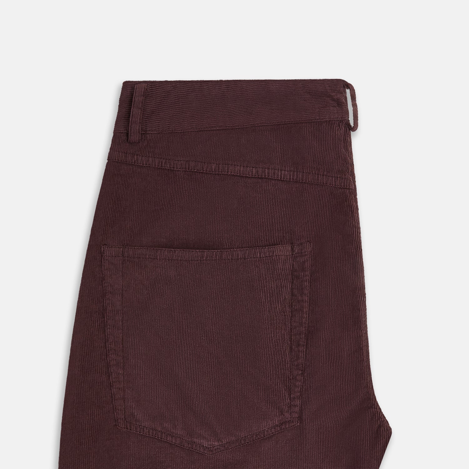 Image 5 of product The Turnbull & Asser Burgundy Corduroy Charles Trousers are straight-leg stretch cotton pants in dark burgundy, featuring side and back pockets, shown against a plain white background.