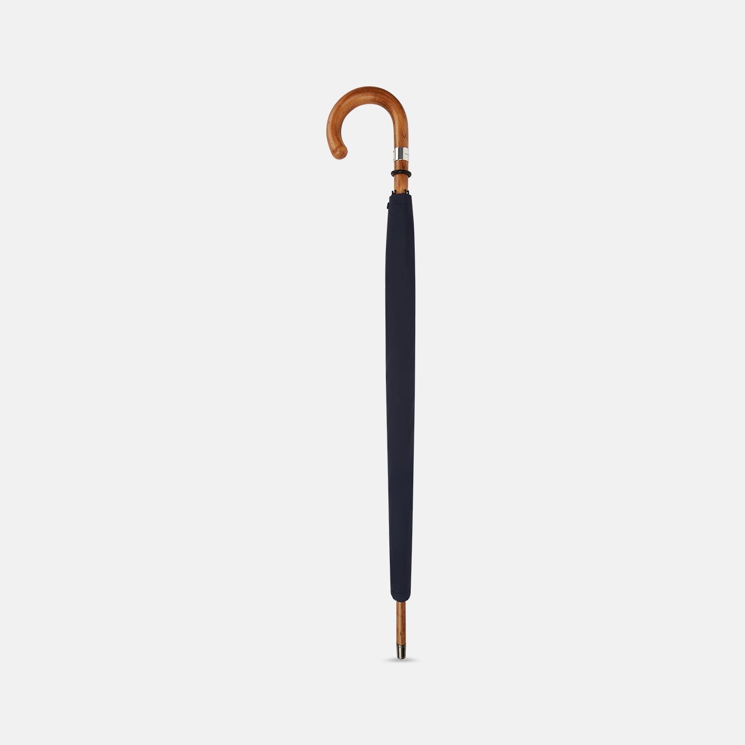 View 2 of product The Turnbull & Asser Navy Umbrella with Maple Crook Handle is open against a white background—an elegant men's accessory inspired by classic style.