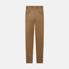 View 3 of product The Turnbull & Asser Camel Striped Linen Edmund trousers feature a straight-leg fit, button and zipper closure, belt loops, and pockets, crafted from lightweight summer fabric and shown against a white background.