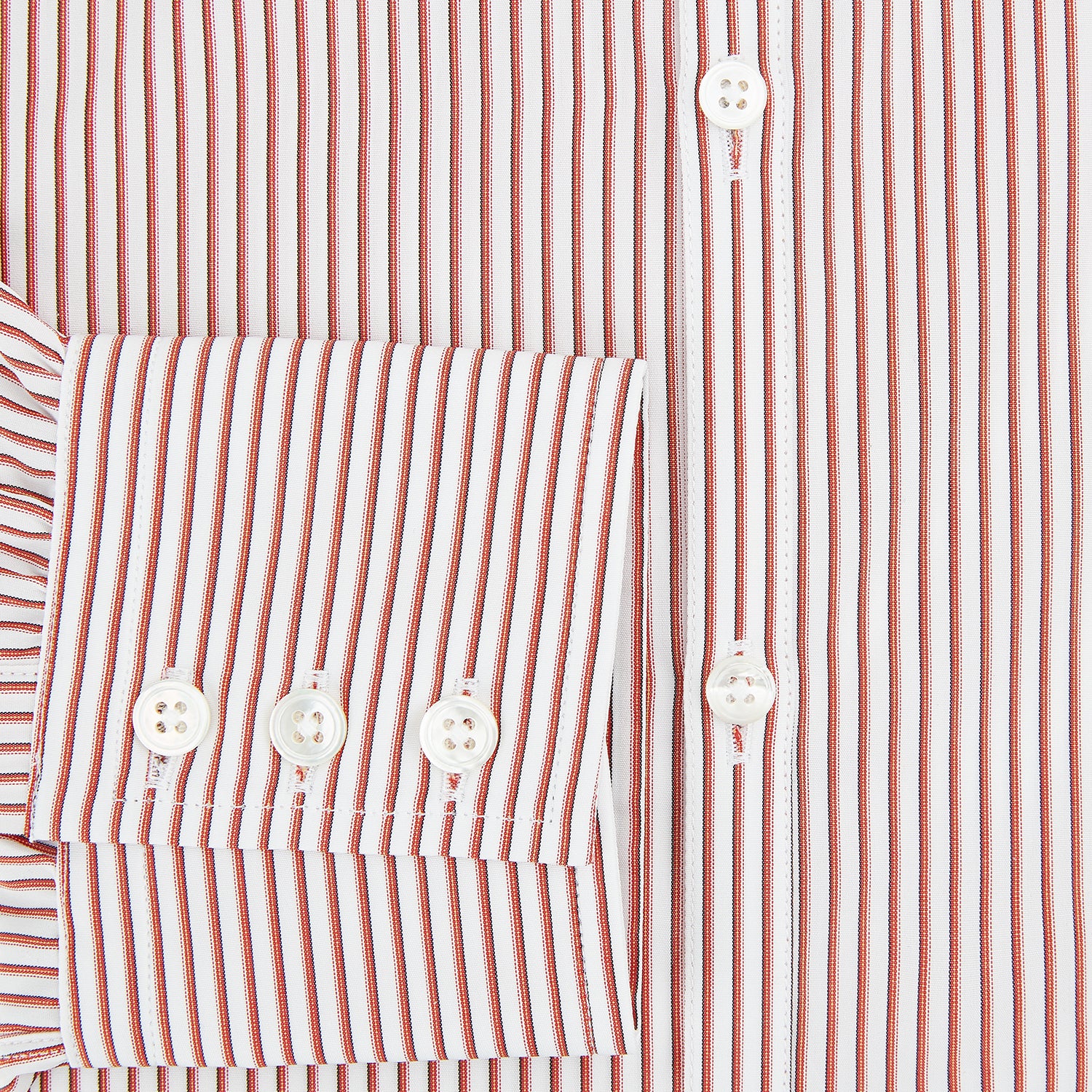 Image 4 of product The Red Shadow Stripe Westminster Shirt by Turnbull & Asser features long sleeves, a Turnbull collar, thin red and white vertical stripes, white buttons, and showcases British craftsmanship against a plain white background.