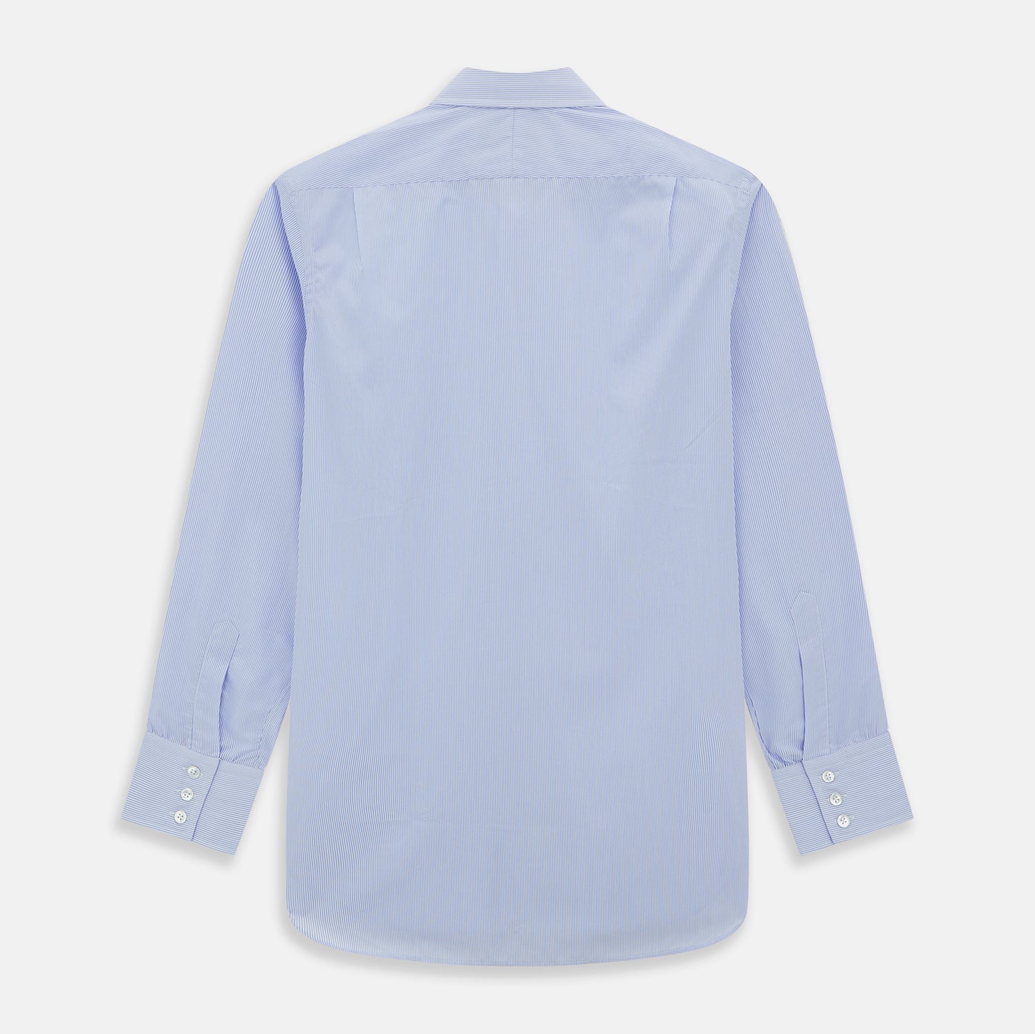 View 3 of product A Blue and White Fine Bengal Stripe Sea Island Quality Cotton Shirt by Turnbull & Asser, featuring a T&A collar and 3-button cuffs, is laid flat on a white background.