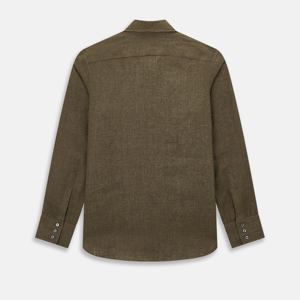 The Olive Linen Windsor Shirt by Turnbull & Asser features long sleeves, a classic Windsor collar, buttoned cuffs, and a straight hem—expertly crafted in Britain and shown against a white background.
