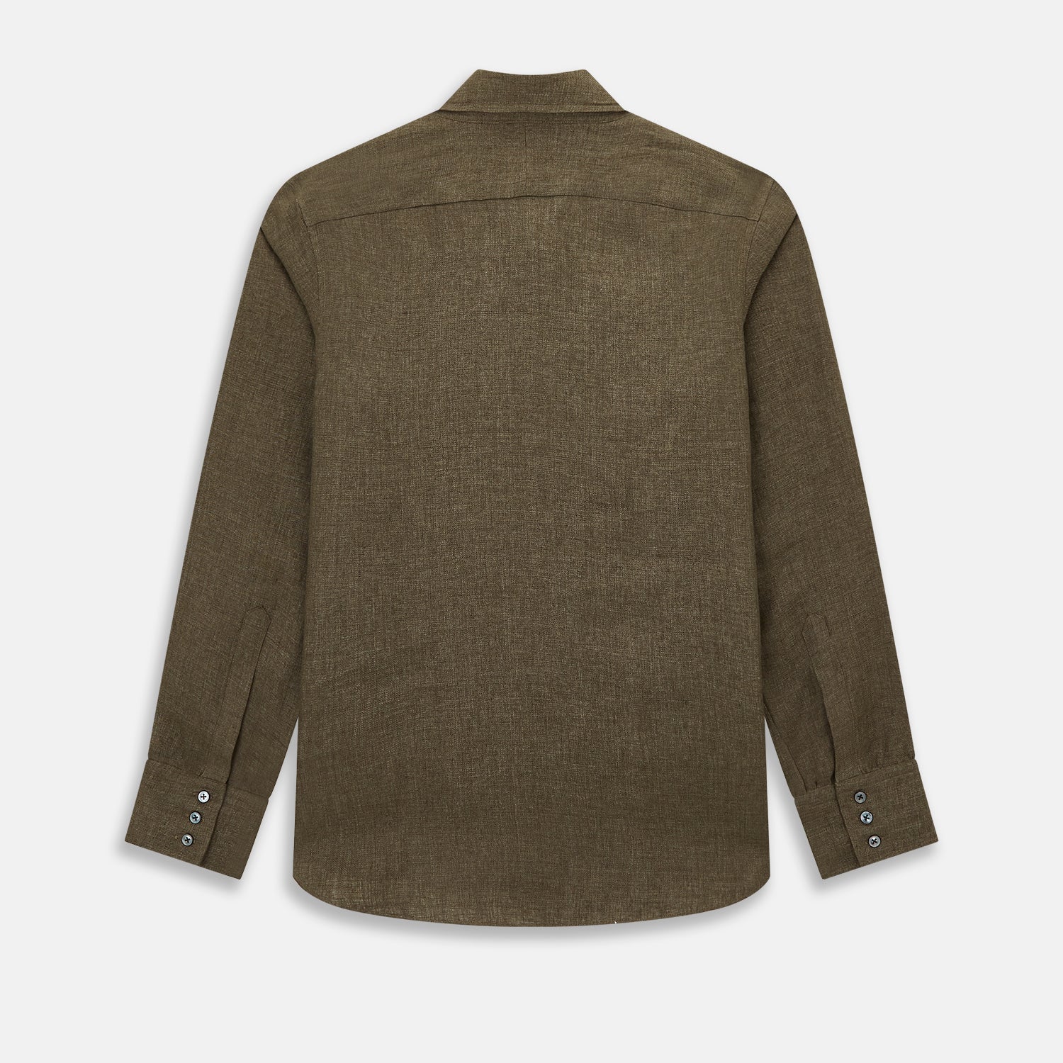 View 3 of product The Olive Linen Windsor Shirt by Turnbull & Asser features long sleeves, a classic Windsor collar, buttoned cuffs, and a straight hem—expertly crafted in Britain and shown against a white background.