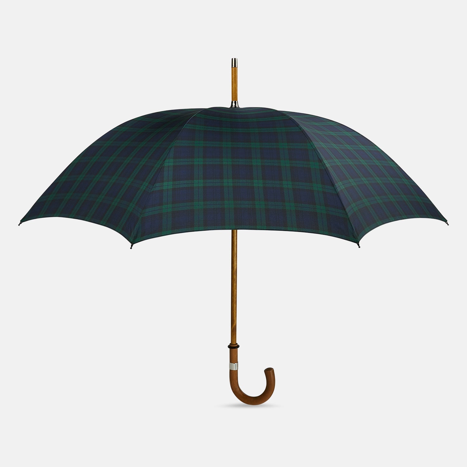 View 1 of product The Turnbull & Asser Black Watch Tartan Traveller Umbrella features a Malacca crook handle and a dark green and navy blue plaid canopy, shown against a plain white background.