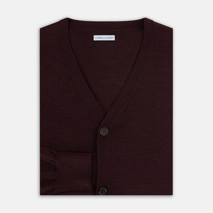 Burgundy Fine Merino V-Neck Cardigan Image 3