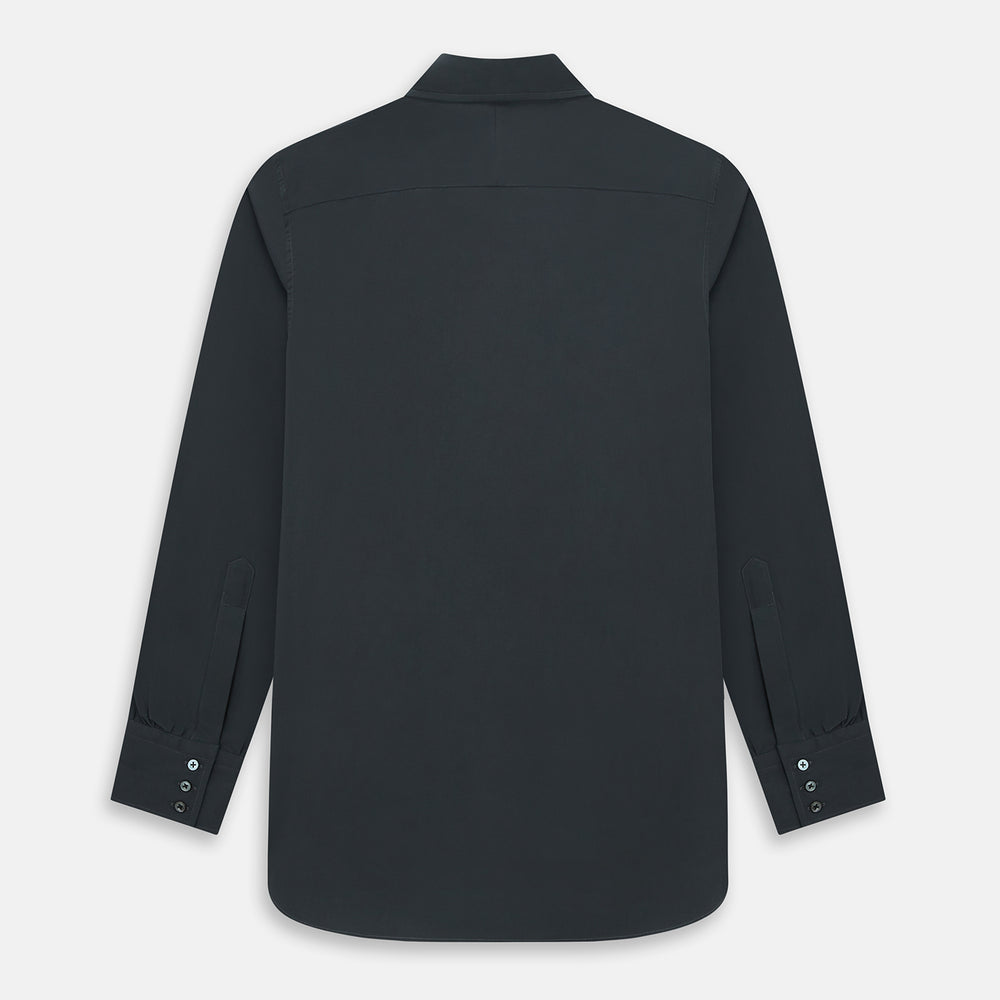 The Charcoal Windsor Shirt by Turnbull & Asser is a black, long-sleeve button-up with a pointed Windsor collar, buttoned cuffs, and a straight hem, shown flat on a white background.