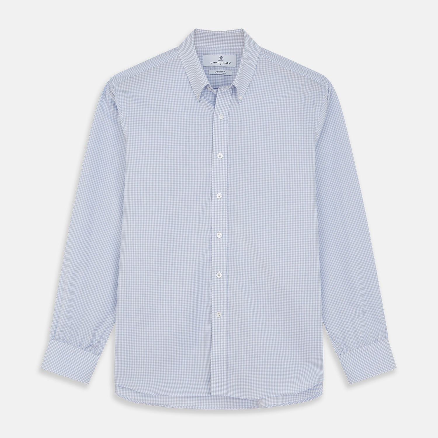 View 2 of product A close-up of Turnbull & Asser’s Pale Blue Multi Check Cashmerello Fabric, featuring a small light blue and white check pattern, shown within a circular frame against a plain white background.