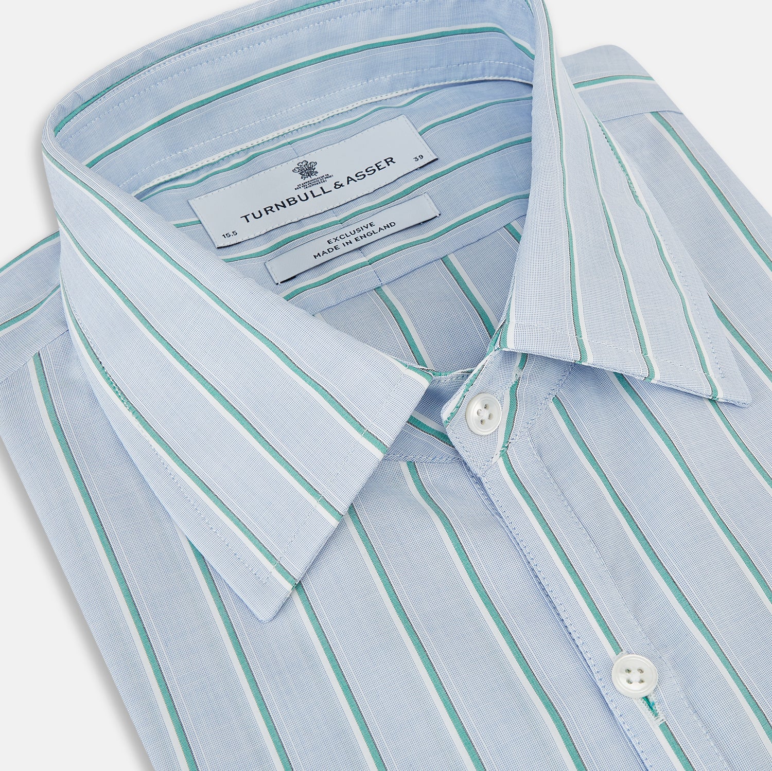 Image 2 of product Blue and green multi-stripe Westminster shirt by Turnbull & Asser, featuring a pointed collar and buttoned cuffs—a refined example of British craftsmanship on a plain white background.