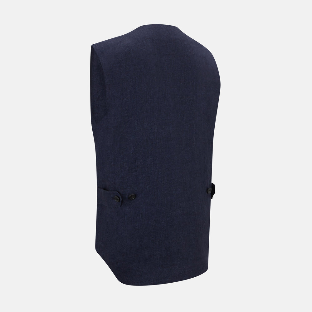 The Turnbull & Asser Navy Linen Twill Waistcoat is a sleeveless V-neck vest featuring two zippered side pockets and a chest pocket, shown on a plain white background.