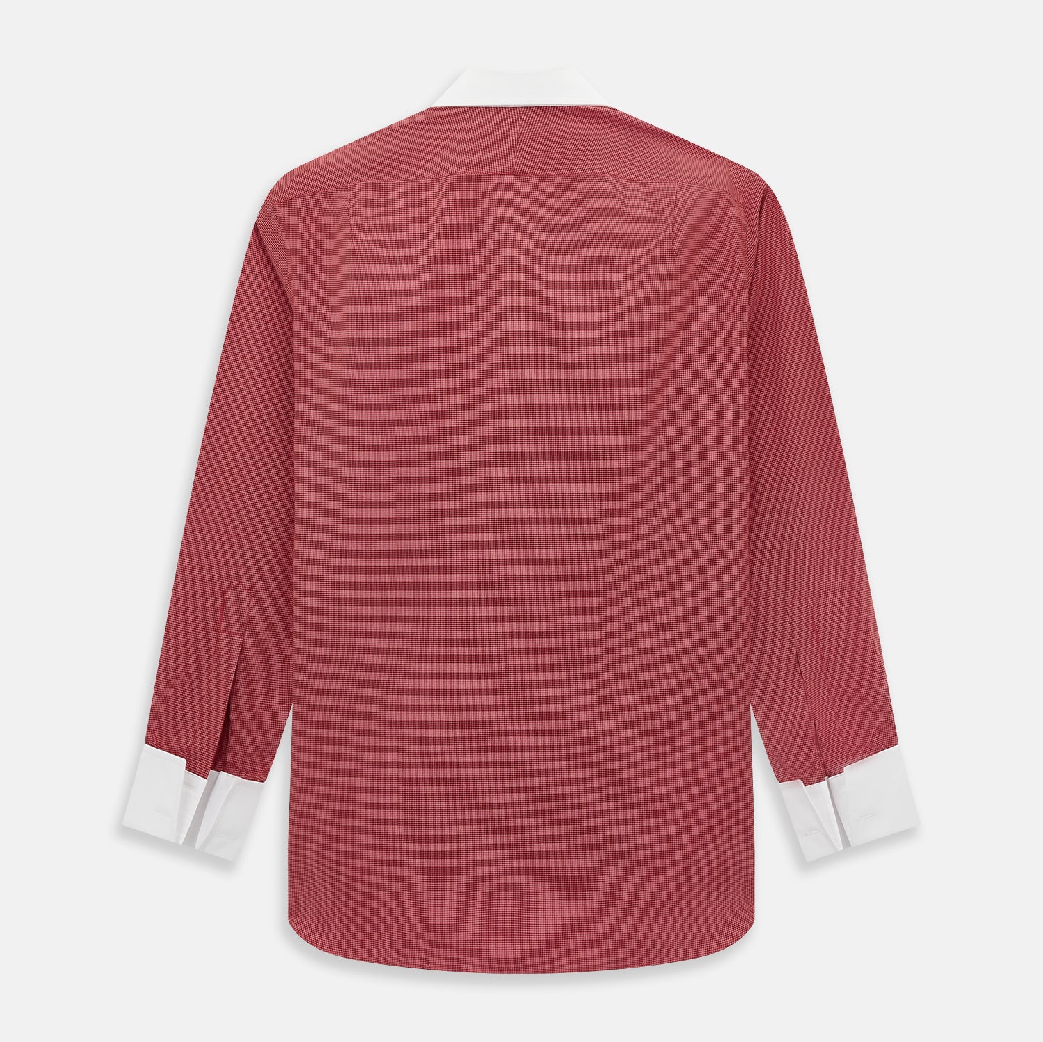 Image 3 of product The Turnbull & Asser Dark Red Pin Check Shirt features a crisp white contrast collar and cuffs, with long sleeves and button-up design, shown against a white background.