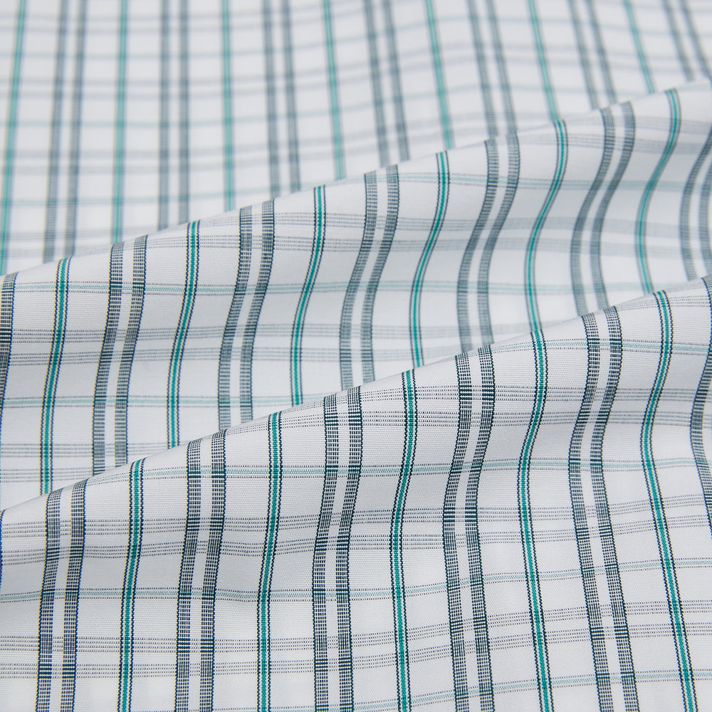 The Turnbull & Asser Sage Green Multi Check Mayfair Shirt is a long-sleeved, button-up shirt with a spread collar, crafted from premium Italian cotton and displayed on a white background.